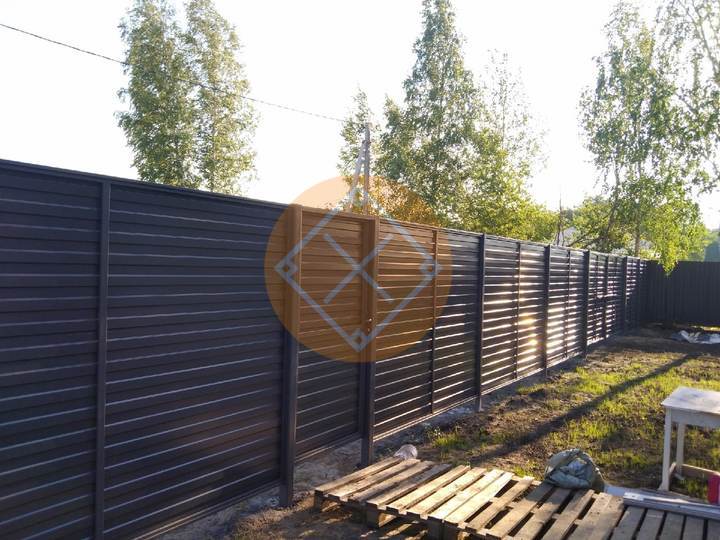 общий вид забора из горизонтального профнастила с калиткой и распашными воротами